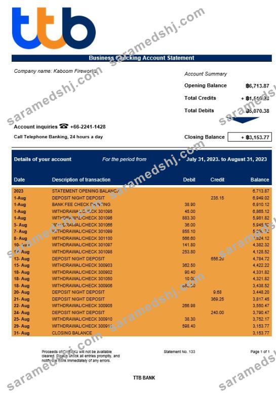 TTB Bank corporate checking account statement Word and PDF template